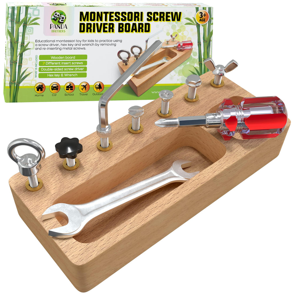 Panda Brothers Montessori Screwdriver Board in natural wood supports safe, hands-on exploration