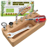 Panda Brothers Montessori Screwdriver Board in natural wood supports safe, hands-on exploration