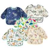 PandaEar blue long-sleeve bib front view with crumb catcher for mess-free meals.