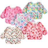 PandaEar baby long sleeve bib pink front shows protective waterproof layer for meals