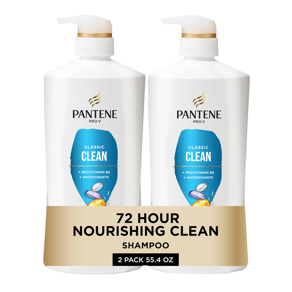 Pantene Classic Clean shampoo bottle with Pro-V nutrients for healthier-looking hair.