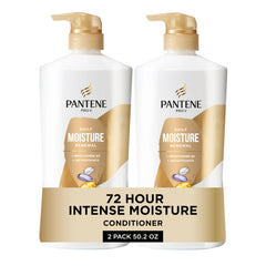 Pantene Daily Moisture Renewal Conditioner bottle showing long-lasting hydration promise.