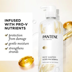 Pantene Rice Water Shampoo label highlights Pro-V nutrients for strong hair
