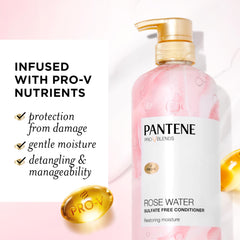 Pantene Rose Water Conditioner label closeup highlights sulfate-free, color-safe formula