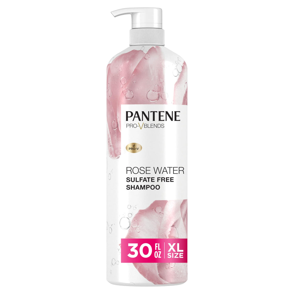 Pantene Rose Water Shampoo bottle shows 30 oz size for daily hydration.