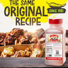 Pappy's Choice seasoning shaker pouring onto steaks for savory grill aroma