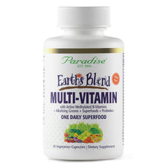 Paradise Herbs Earth's Blend bottle shows daily vitamin support