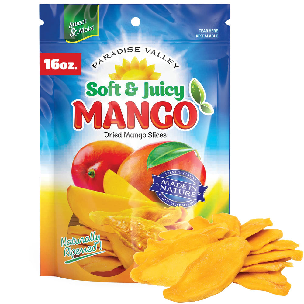 Paradise Valley dried mango slices show soft-juicy texture for on-the-go snacking.