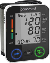 Paramed automatic wrist blood pressure monitor with universal cuff and clear display