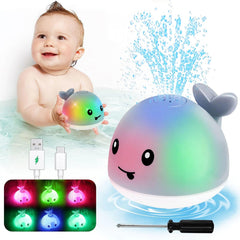 Parhilyar Toddla Whale bath toy sprinkler activates a fountain and lights during bath.