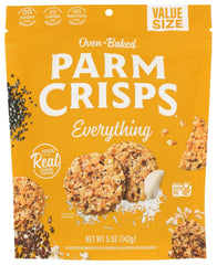 Parmcrisps Everything Cheese front view: crispy crackers for grazing.