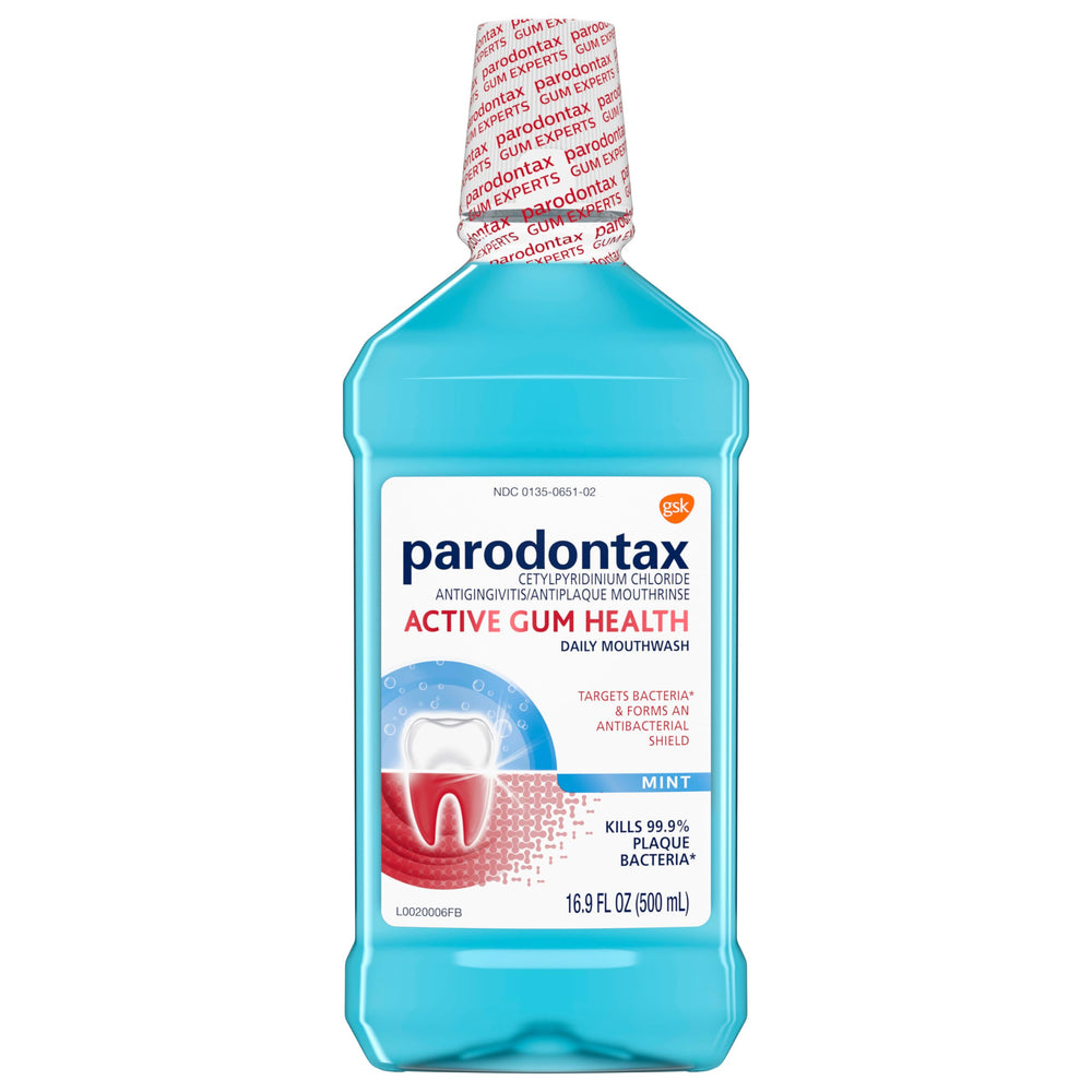 Parodontax Active Gum Health Mouthwash bottle with mint flavor for fresh breath.