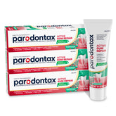 Parodontax Active Gum Repair Breath Freshener toothpaste tubes in a 3-pack for gum care and fresh breath.