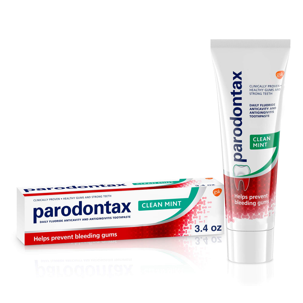 Parodontax Clean Mint toothpaste tube close-up for mint fresh breath support.