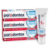 Parodontax Complete Protection toothpaste tube closeup shows Pure Fresh Mint and gum health support