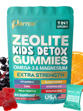 Parrox Zeolite Kids Gummies jar showing sugar-free mixed berry gummies for busy families.