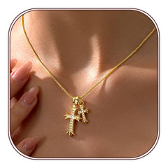 Partm Double Cross Necklace with a delicate round box chain and sparkling cross pendant.