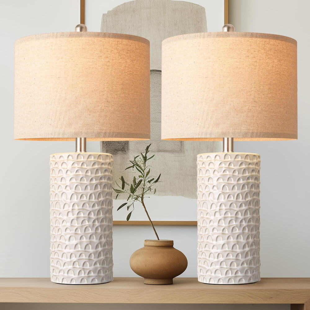 PARTPHONER 23-inch ceramic table lamp set with beige-white finish enhances rustic living room decor
