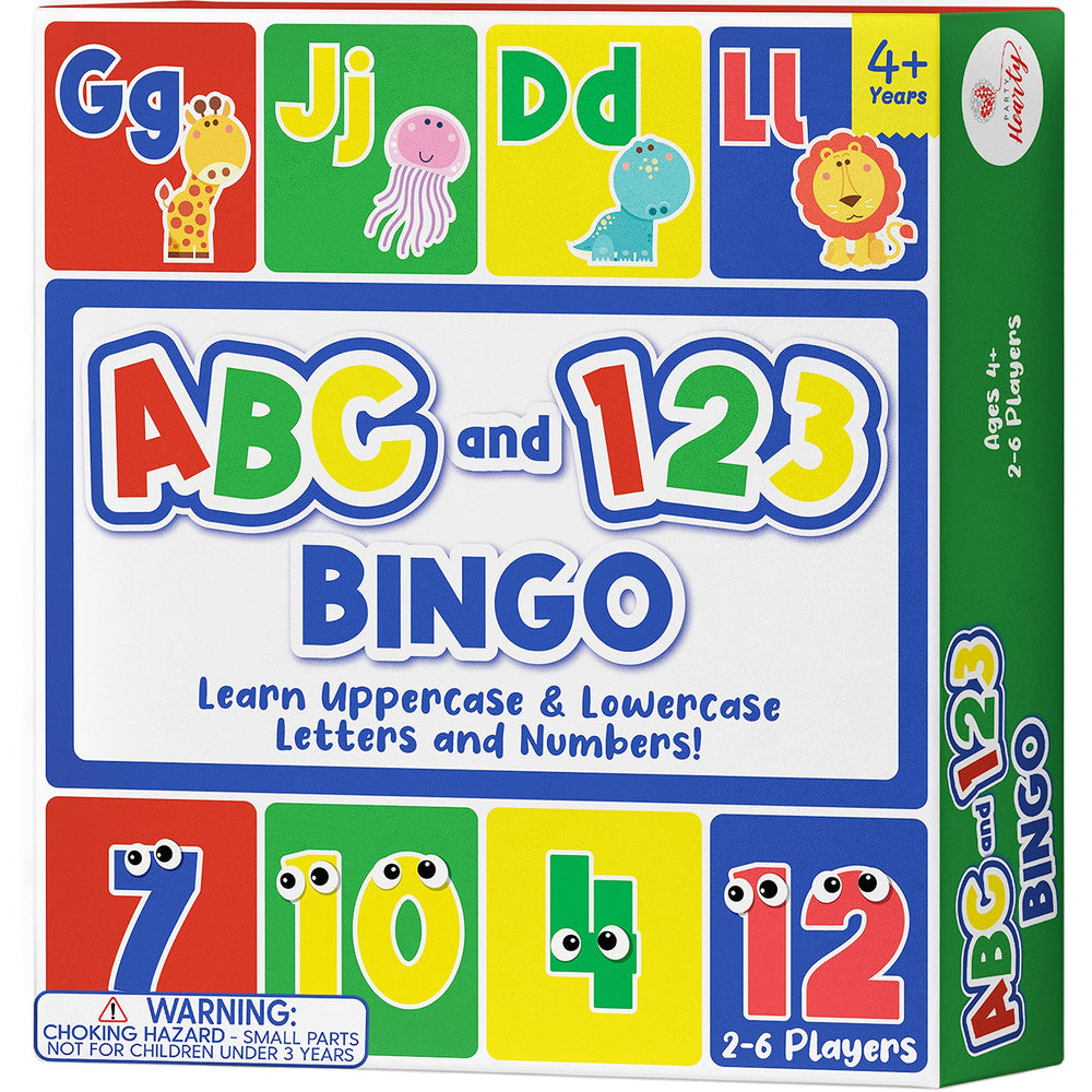 Party Hearty Bingo board alphabet numbers setup highlights a fun learning layout for kids