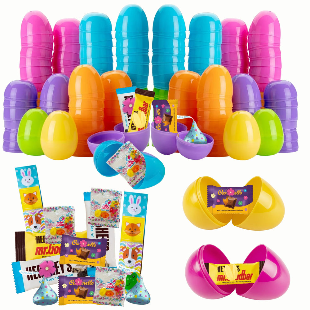 Partypom prefilled Easter eggs with candy and stickers, ideal for easy, mess-free hunts.