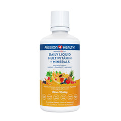 Passion 4 Life daily liquid multivitamin bottle highlights fast absorption for family nutrition