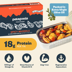 Patagonia Provisions Spicy Mussels being poured with olive oil