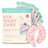 Patchology Eye Want Cake patches packaging shown for convenient at-home spa prep.