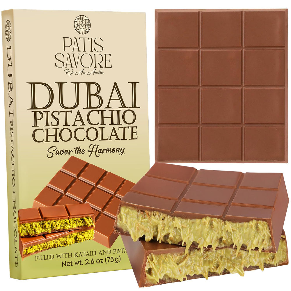 Patis Savore Dubai chocolate bar with pistachio cream, creamy indulgence ideal for gifting.