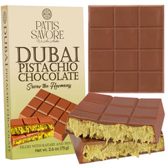 Patis Savore Dubai chocolate bar with pistachio cream, creamy indulgence ideal for gifting.