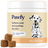 Pawfy Skin & Coat Salmon Oil bottle showing skin support and coat health benefits.