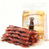 Pawmate triple-flavored dog treats with chicken, duck, and beef twists for active dogs.