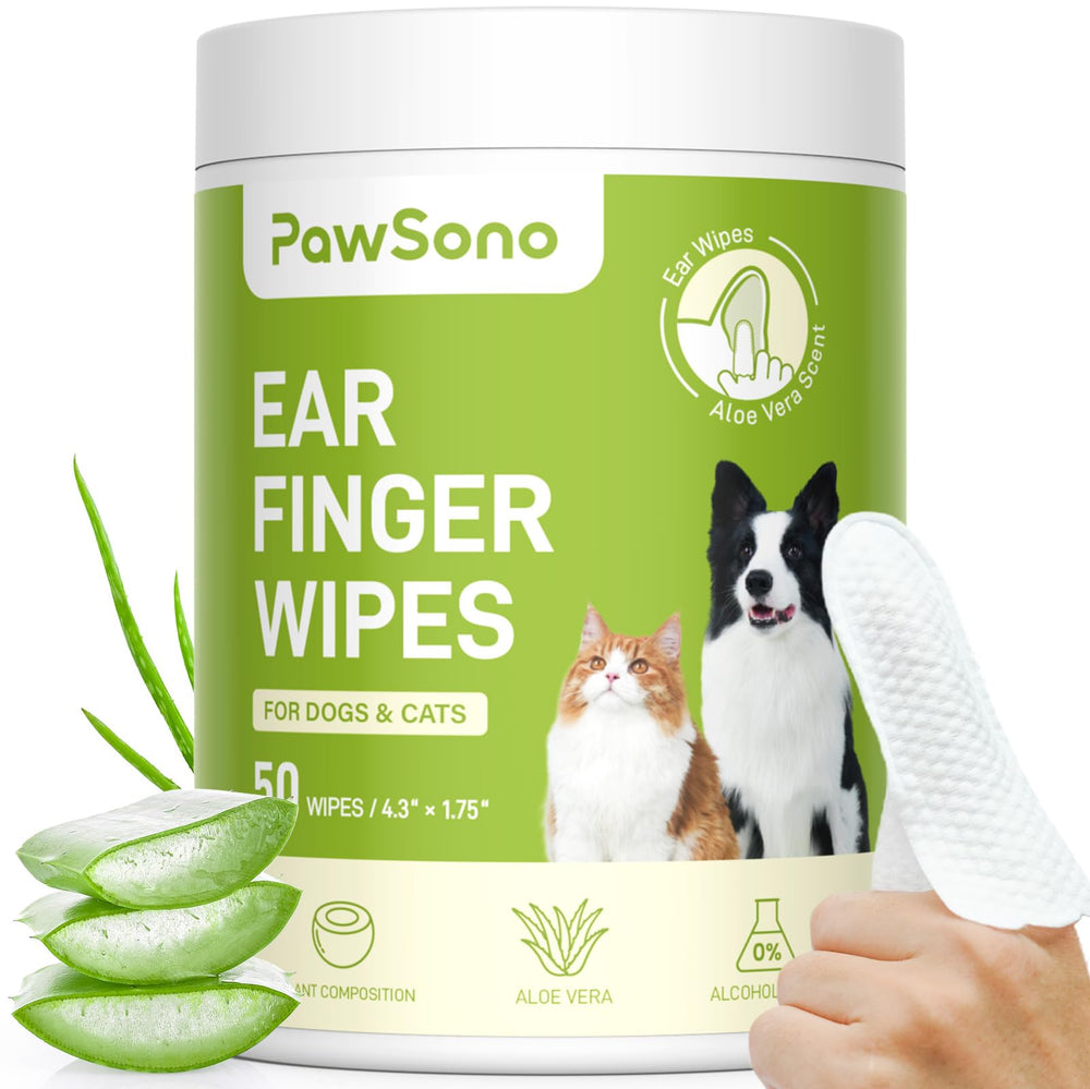 PawSono ear wipes packaging highlights convenience and all-natural formula.