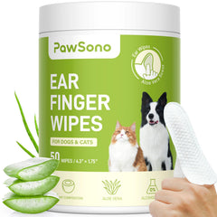 PawSono ear wipes packaging highlights convenience and all-natural formula.