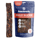 Pawstruck bully slices beef flavor packaging; premium chew option for dogs.