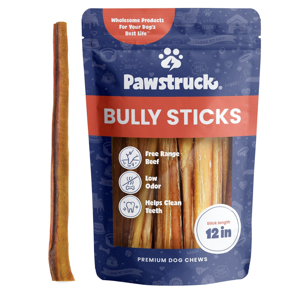 Pawstruck bully sticks 12-inch pack shot showcasing long-lasting beef chew for dogs.
