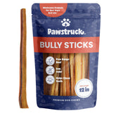 Pawstruck bully sticks 12-inch pack shot showcasing long-lasting beef chew for dogs.