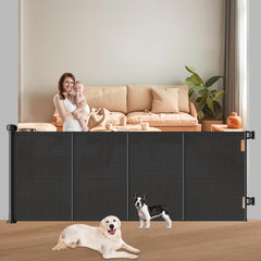 Pawtners retractable gate 71-wide extended for spacious doorways, keeping pets secure and flexible.