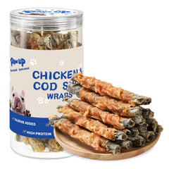 PAWUP chicken-wrapped cod skins rolls for medium dogs, tasty chew and coat-friendly texture.