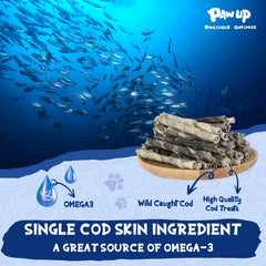 PAWUP Cod Skin Rolls dental action shot suggests chewing promotes oral hygiene