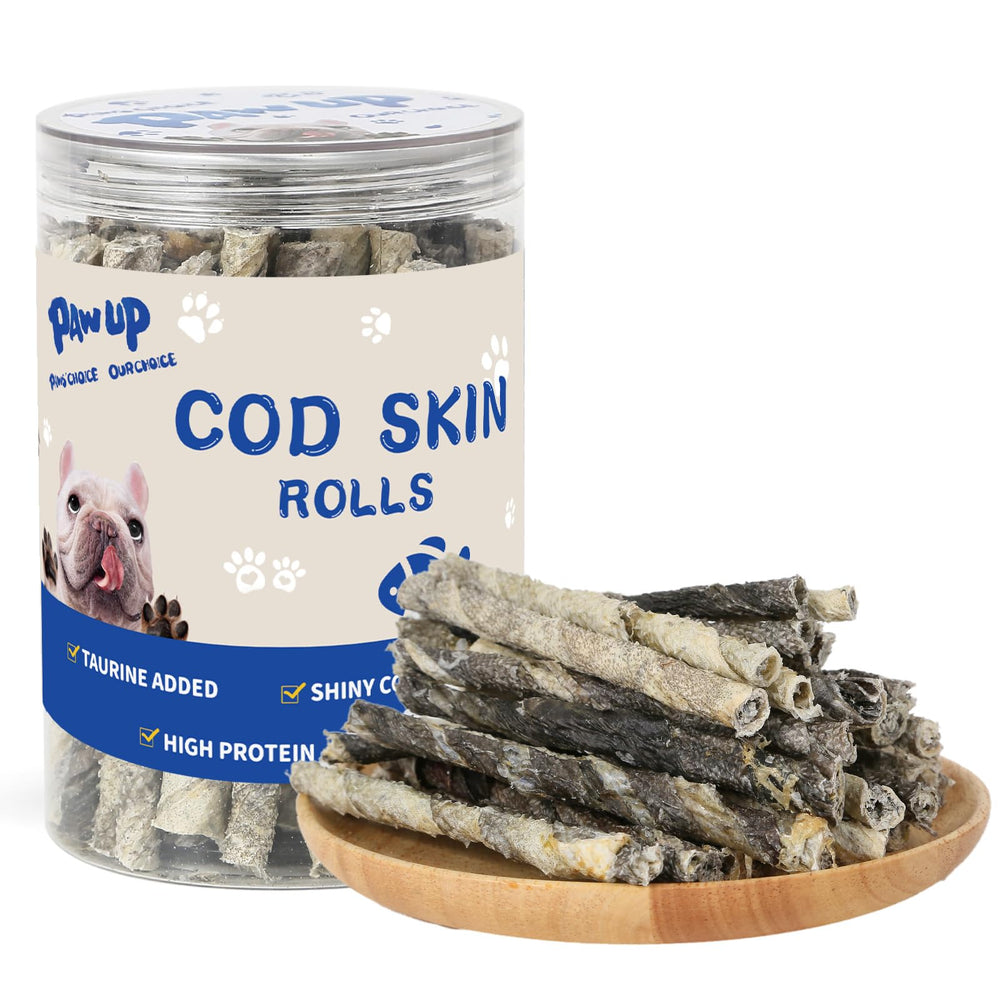 PAWUP Cod Skin Rolls packaging highlights omega-3 rich dog treats for coat health