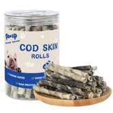 PAWUP Cod Skin Rolls packaging highlights omega-3 rich dog treats for coat health