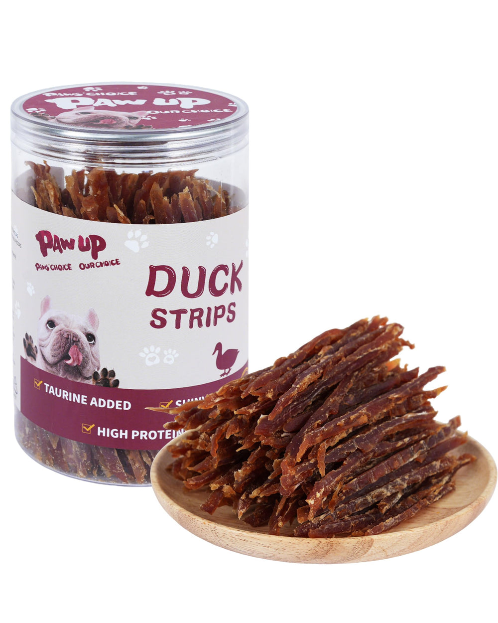 PAWUP packaging highlights fresh duck jerky strips for dogs.