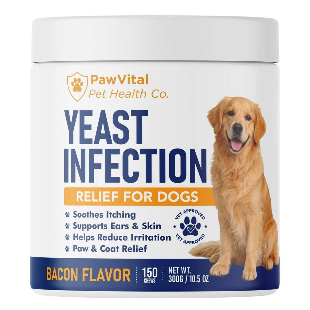 PawVital yeast relief chews bottle label signals natural support for itchy skin.