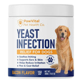 PawVital yeast relief chews bottle label signals natural support for itchy skin.