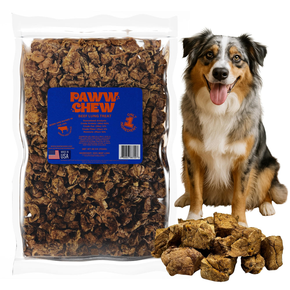 Paww Chew Beef Lung Treats package shows single-ingredient formula for easy training.