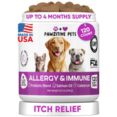Pawzitive Pets dog allergy relief chews bottle highlights omega-3 skin support