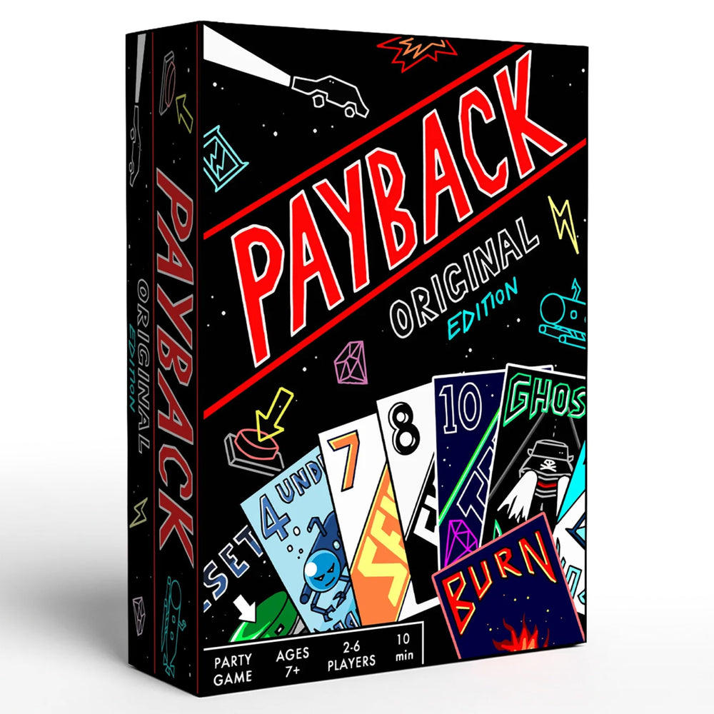 PAYBACK Original Edition with magnetic box keeps game night organized and portable.