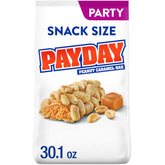 PAYDAY Peanut Caramel Snack Size bag showing crunchy peanuts and creamy caramel, ideal for on-the-go snacking