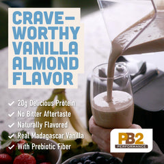 PB2 Performance almond protein powder with Madagascar vanilla aroma enhances taste.