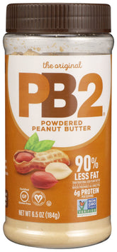 PB2 powdered peanut butter jar on counter, low-fat snack base.